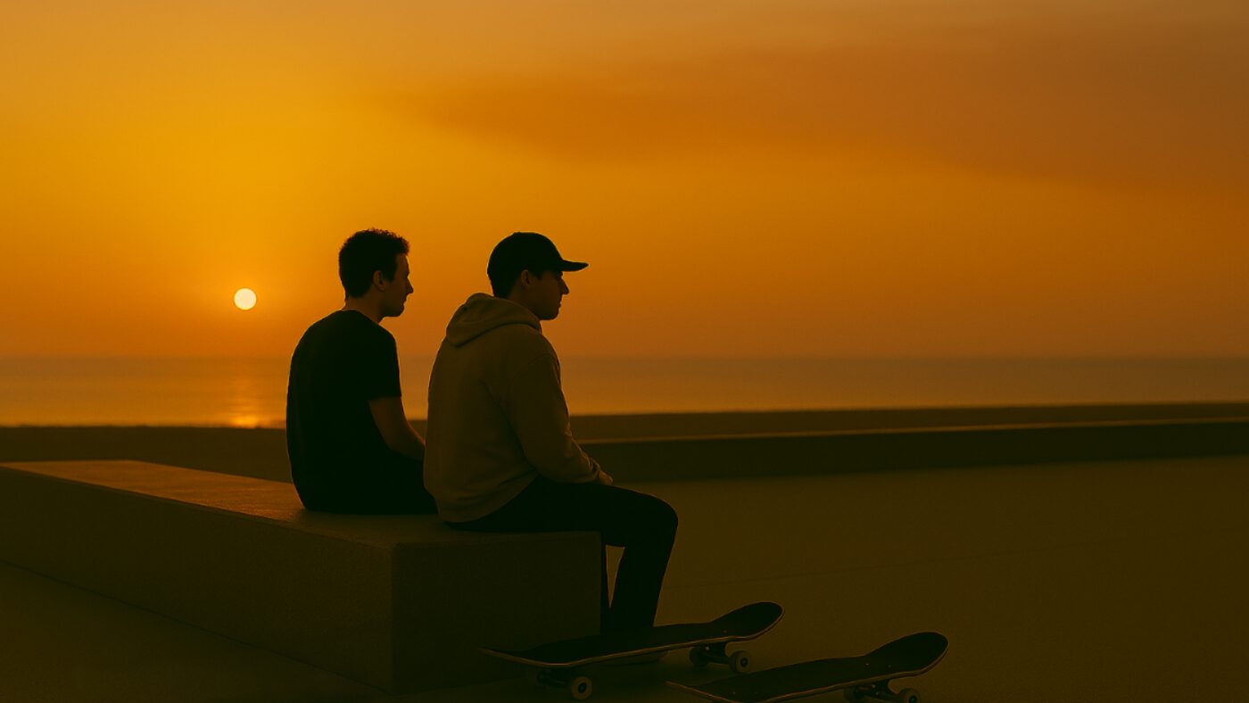 A skater carving down the boardwalk at sunset
