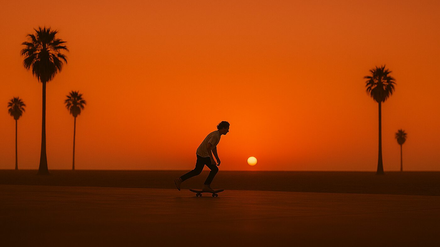 Two skaters watching the sunset over Venice Beach